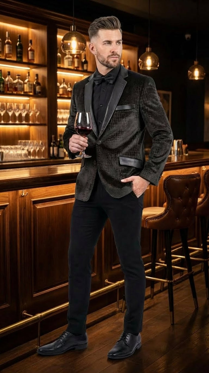 Men’s Crocodile Alligator Exotic skin Texture Blazer - Slim Fit Designer Jacket with Satin Lapels for Formal and Party Wear in Black Color USA Men's Outlet