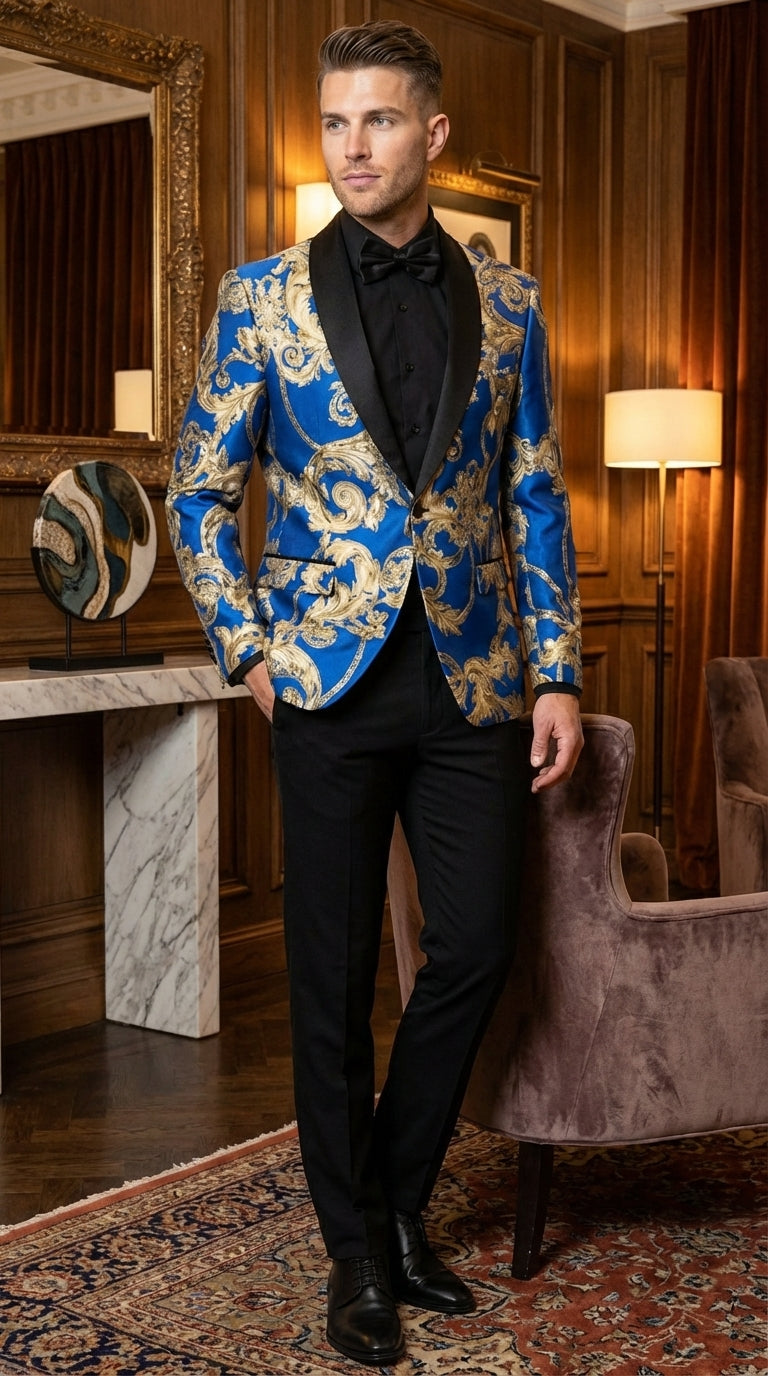 Men’s Royal Blue and Gold Blazer Jacket – Luxury Floral Pattern Tuxedo Blazer, Formal Party Wedding Dinner Jacket, Stylish Evening Wear