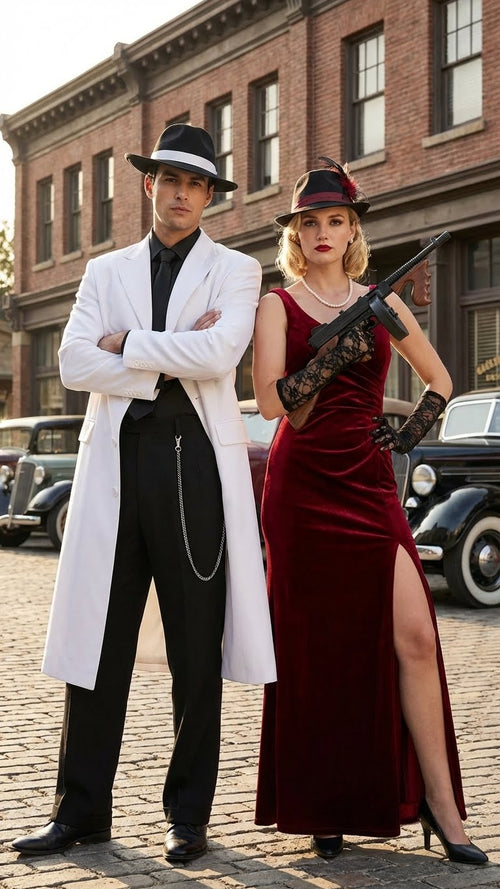 Men’s White Long Zoot Style Suit  | Vintage Gangster Mafia Formal Coat with Black Pants