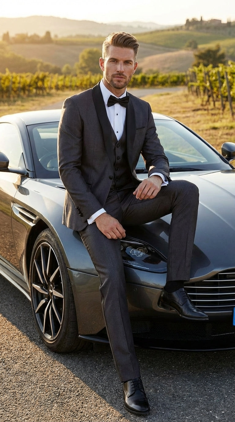 Men’s Shiny Sateen Charcoal Gray Tuxedo 3 Piece Suit with Black Shawl Lapel | Formal Wedding Prom Suit Sharkskin