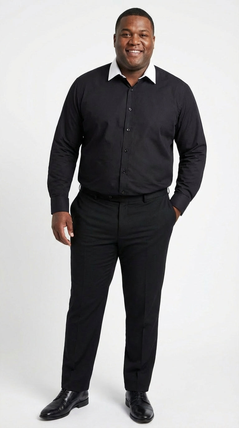 Men’s Black Dress Shirt with White Contrast Collar | French Cuff Cotton Poplin Formal Button-Up Shirt