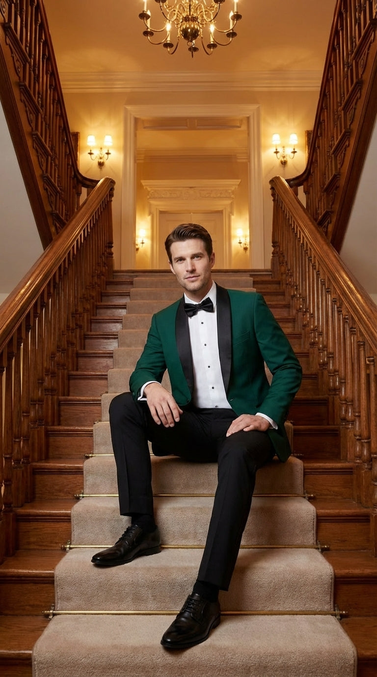 Men’s Emerald Green Tuxedo Jacket with Black Satin Shawl Lapel | Prom Dinner Blazer
