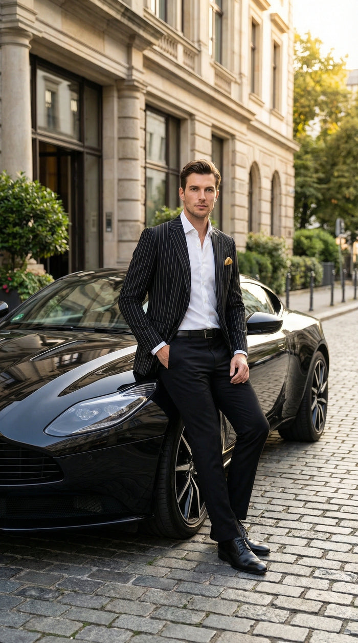 Men’s Black Pinstripe Blazer –Classic Tailored Formal Jacket for Business, Office and Evening Wear