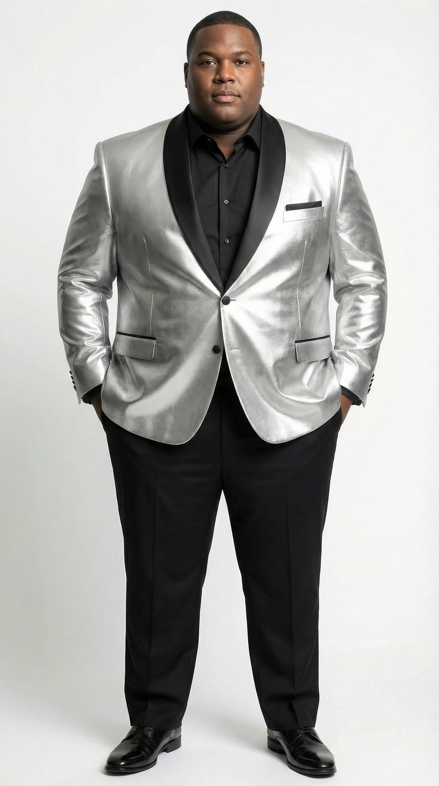 Men’s Shiny Silver Blazer with Black Lapel – Luxury Metallic Formal Jacket for Party, Evening and Special Events