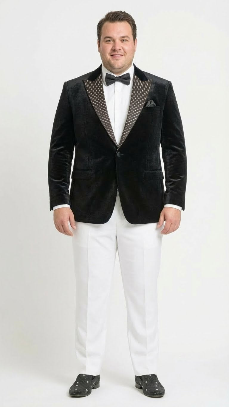 Men’s Black Velvet Tuxedo Blazer with Studded Lapel - Formal Evening Jacket by USA Men's Outlet