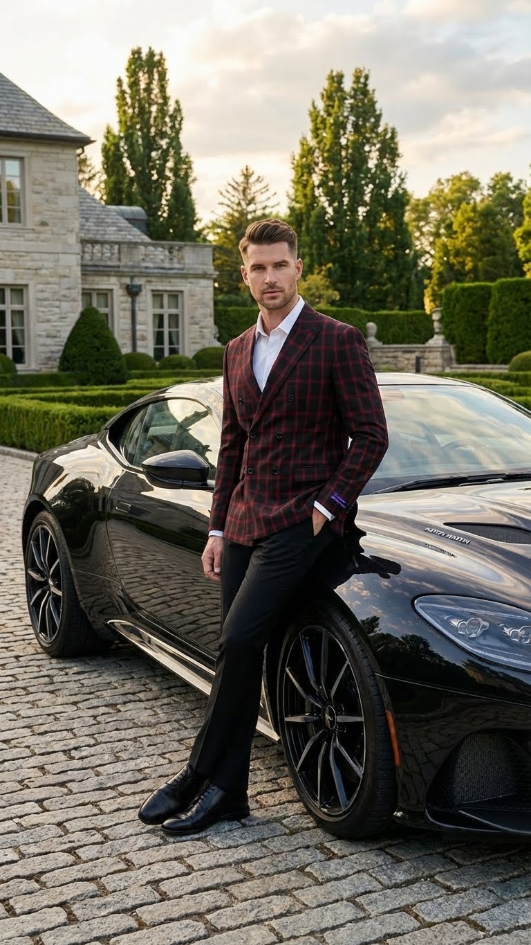 Men’s Black and Red Check Double Breasted Blazer - Sport Coat Jacket Windowpane Sportcoat Slim Fit by USA Men's Outlet