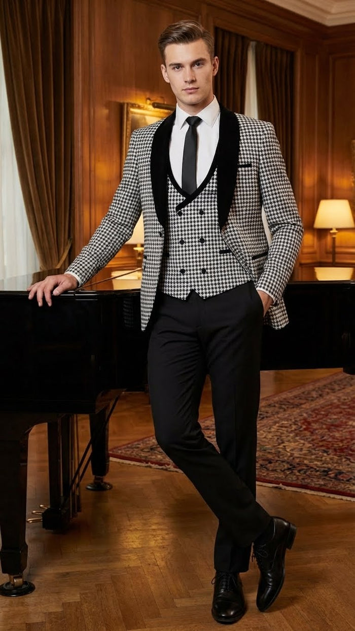 Men’s Black and White Houndstooth Tuxedo Set with Velvet Shawl Lapel - 3-Piece Formal Suit with Double-Breasted Vest by USA Men's Outlet