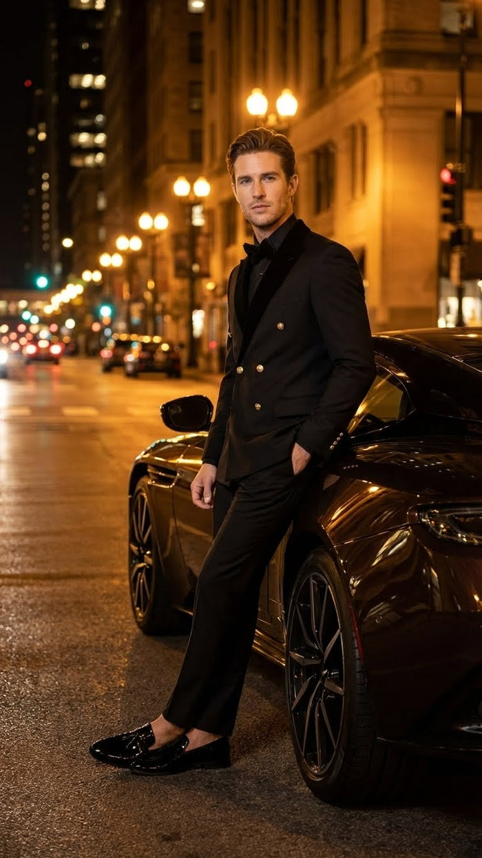 Men’s Black Double Breasted Tuxedo Suit - Luxury Formal Dinner Jacket Gold Buttons Velvet Lapel by USA Men's Outlet