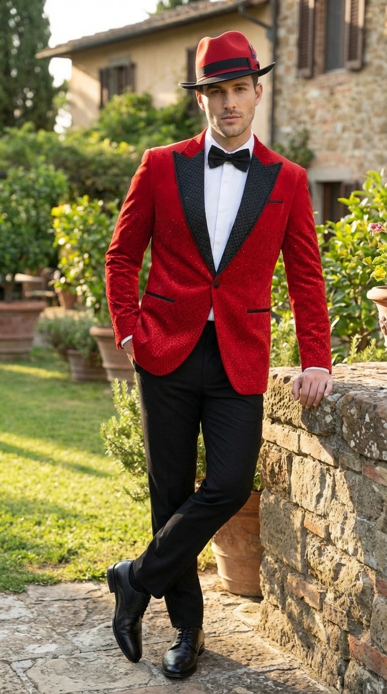 Men’s Red Velvet Fabric Rhinestone  Blazer with Matching Red and Black Hat – Christmas New Year Holiday Party Jacket Set