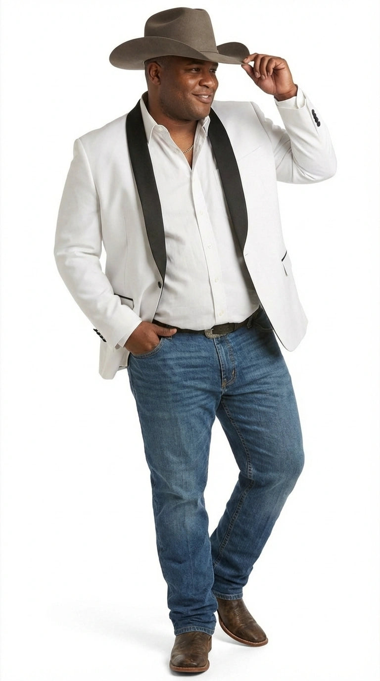 Men’s White Cowboy Blazer with Black Satin Lapel – Western Formal Tuxedo Style Jacket