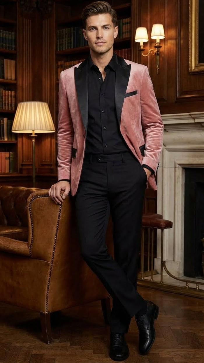 Men’s Dusty Rose Pink Velvet Blazer with Black Satin Lapel - Formal Sport Coat in Mauve Color + Bowtie USA Men's Outlet