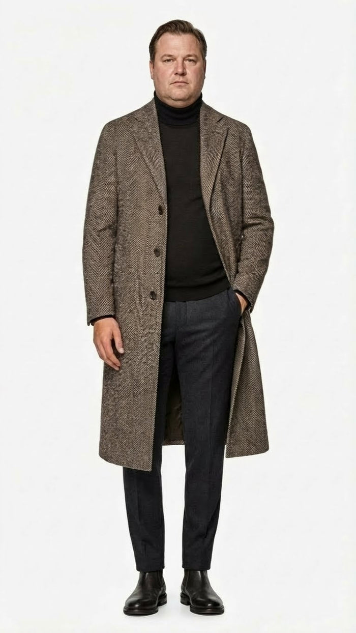 Men’s Black & Grey Herringbone Tweed Wool Blend Overcoat - Classic Single-Breasted Winter Blazer Carcoat by USA Men's Outlet