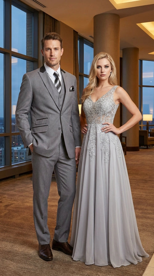 Men’s Light Gray Three Piece Suit with Black Chesterfield Collar  – Classic Formal Wedding and Business Suit Set 1920s Vintage