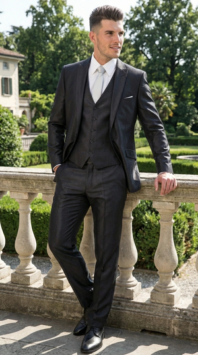 Men’s Black Three Piece Suit – Modern Fit 3PC Formal Suit with Vest for Wedding, Prom and Business Events Sharkskin Shiny Fabric