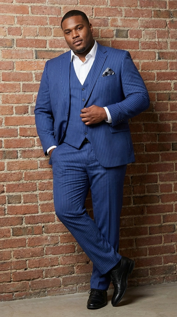 Men’s Royal Blue Pinstripe Three Piece Suit – Classic Formal 3PC Business and Wedding Suit Indigo Teal Saphire Pinstripe