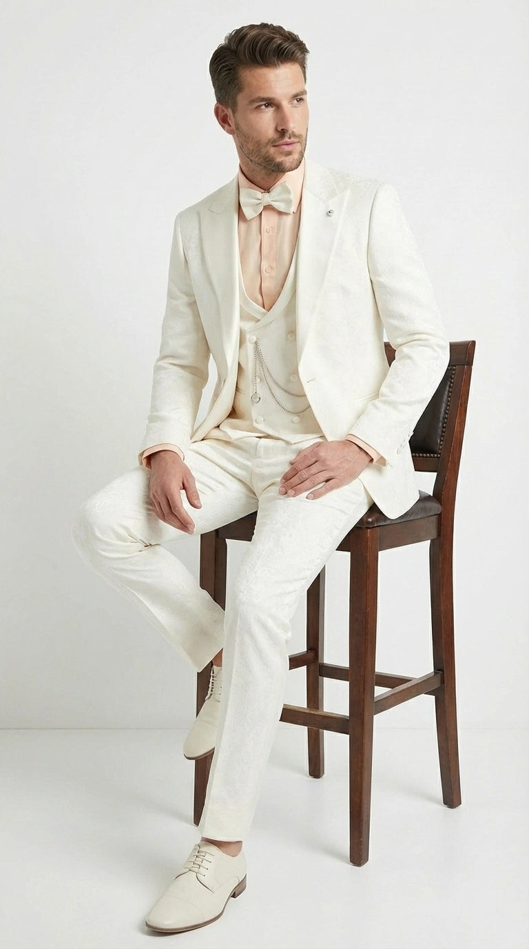 Vinci Men’s Ivory Three Piece Suit – Ivory 3PC Formal Wedding Suit for Groom, Prom and Black Tie Events