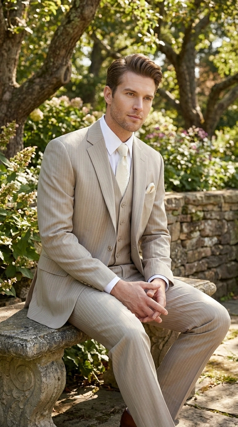 Men’s Tan Pinstripe Three Piece Suit – Classic Fit Pleated Pants  Tan Sand Beige Wedding, Church Shadow Ton on Tone  Business Suit for Men