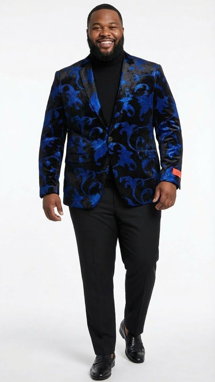 Men’s Black and Royal Blue Patterned Blazer - Paisley Floral Sport Coat Prom Jacket by USA Men's Outlet
