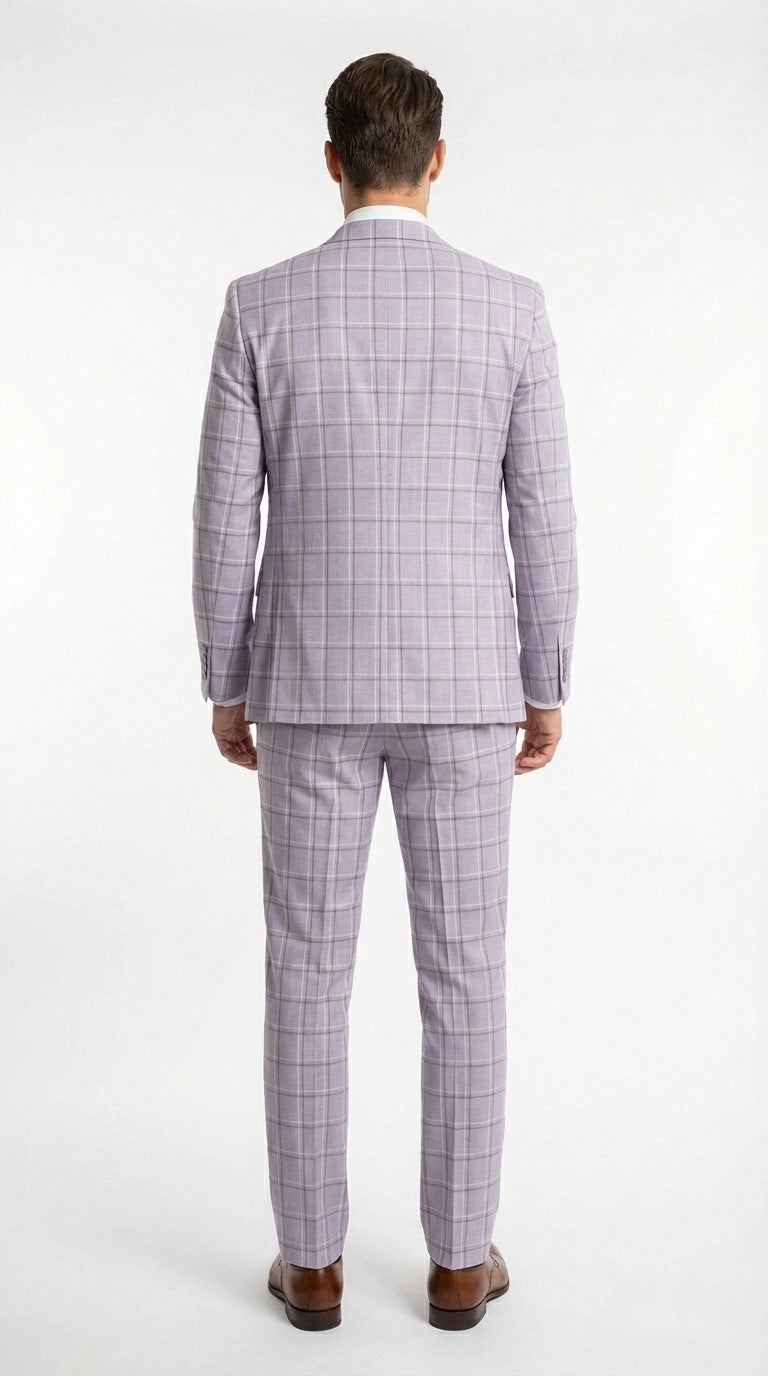 Men’s Lilac Lavender Windowpane Check 3 Piece Suit – Lilac Plaid Formal Suit with Vest for Wedding, Prom and Business Events