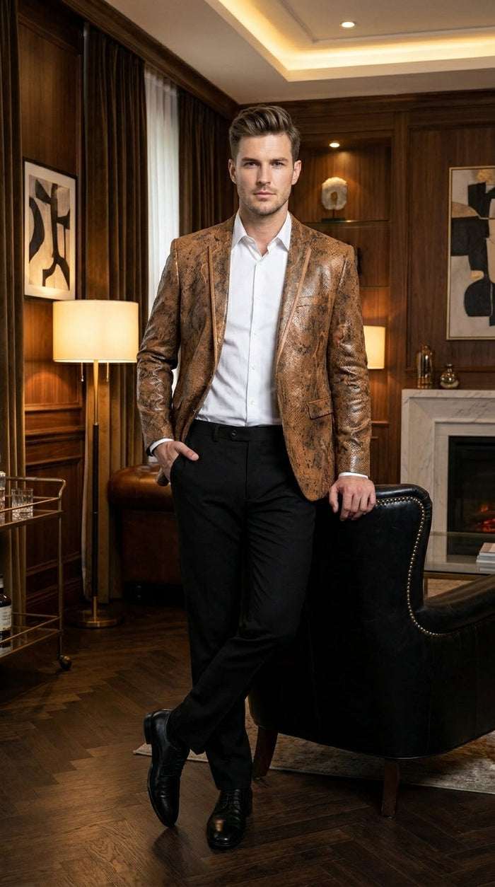 Men’s Brown Snakeskin Pattern Blazer – Stylish Exotic Print Formal Blazer Jacket for Party, Exotic Crocodile Alligator Print