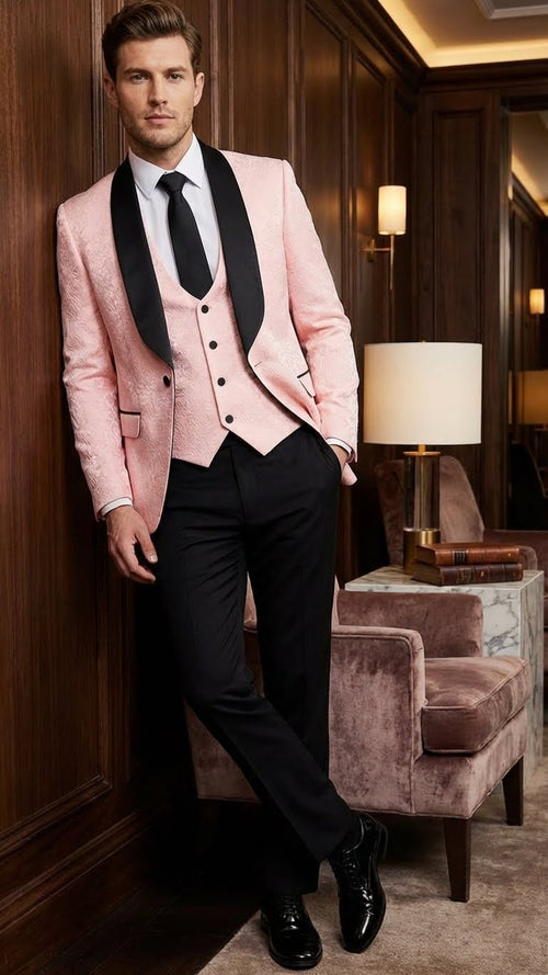 Men’s Blush Pink Tuxedo Suit Set with Black Shawl Lapel - 3 Piece Formal Wedding and Party Prom Vest + Black Pants by USA Men's Outlet