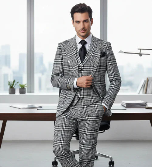 Suits With Baggy Pleated Pants - Wide Leg Pants 100% Wool - Classic Fit in One Button 3 Piece Suit by Rossiman by USA Men's Outlet