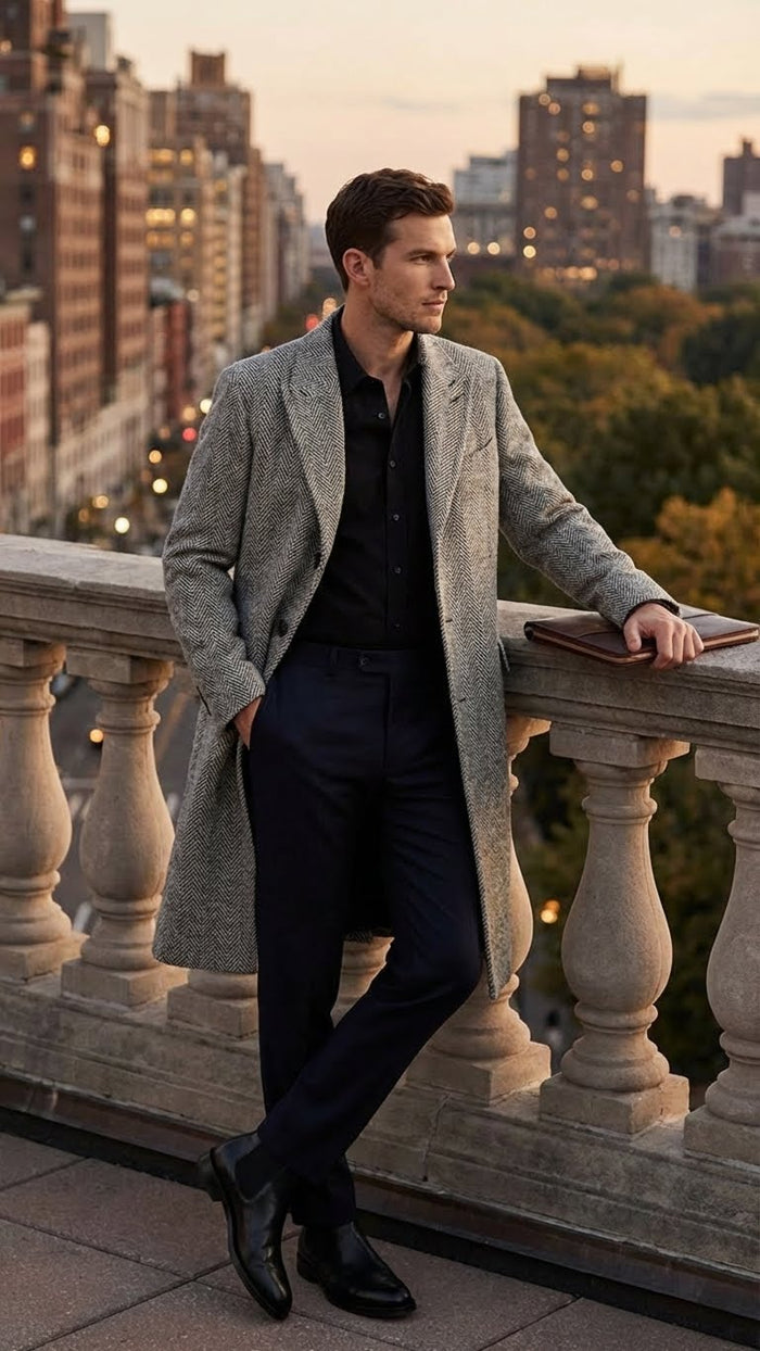 Men’s Grey Herringbone Long Overcoat - Tweed Black and White Pattern Wool Topcoat Three Qaurter USA Men's Outlet