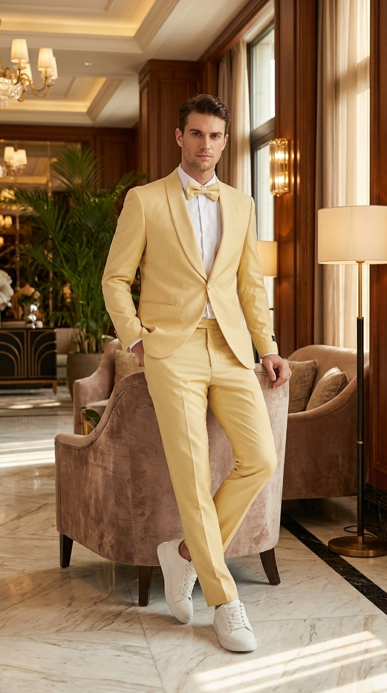 Men’s Light Yellow Shawl Lapel Tuxedo – Modern Wedding, Prom & Groom Formal Suit + Matching bowtie