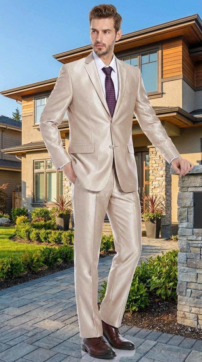 Men’s Champagne Tan Sharkskin 2 Button Suit – Shiny Formal Suit with Optional Vest for Wedding, Prom, Business Beige Color