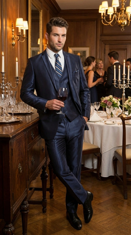 Men’s Navy Blue Sharkskin 3 Piece Suit – Two Button Vested Sleek Formal Suit for Wedding, Prom, Business and Party Wear