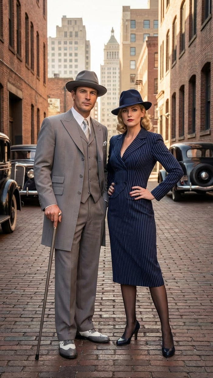 Men’s Gray Zoot Suit with Matching Hat and 1920s Shoes - Grey Vintage Wedding and Party Three Piece Suit by USA Men's Outlet