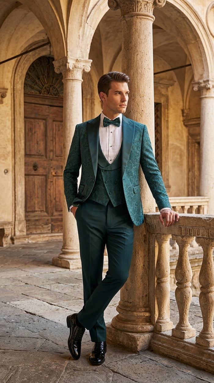 Men’s Hunter Green Paisley Tuxedo – 3 Piece Prom & Wedding Suit with Matching Bow Tie