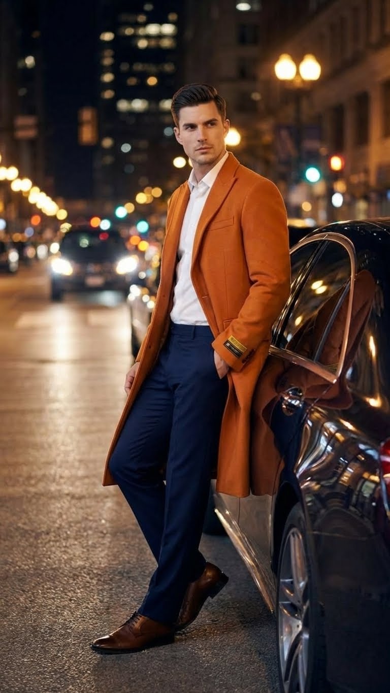 Men’s Orange - Rust Wool Blend Long Overcoat - Topcoat Carcoat Topcoat by USA Men's Outlet