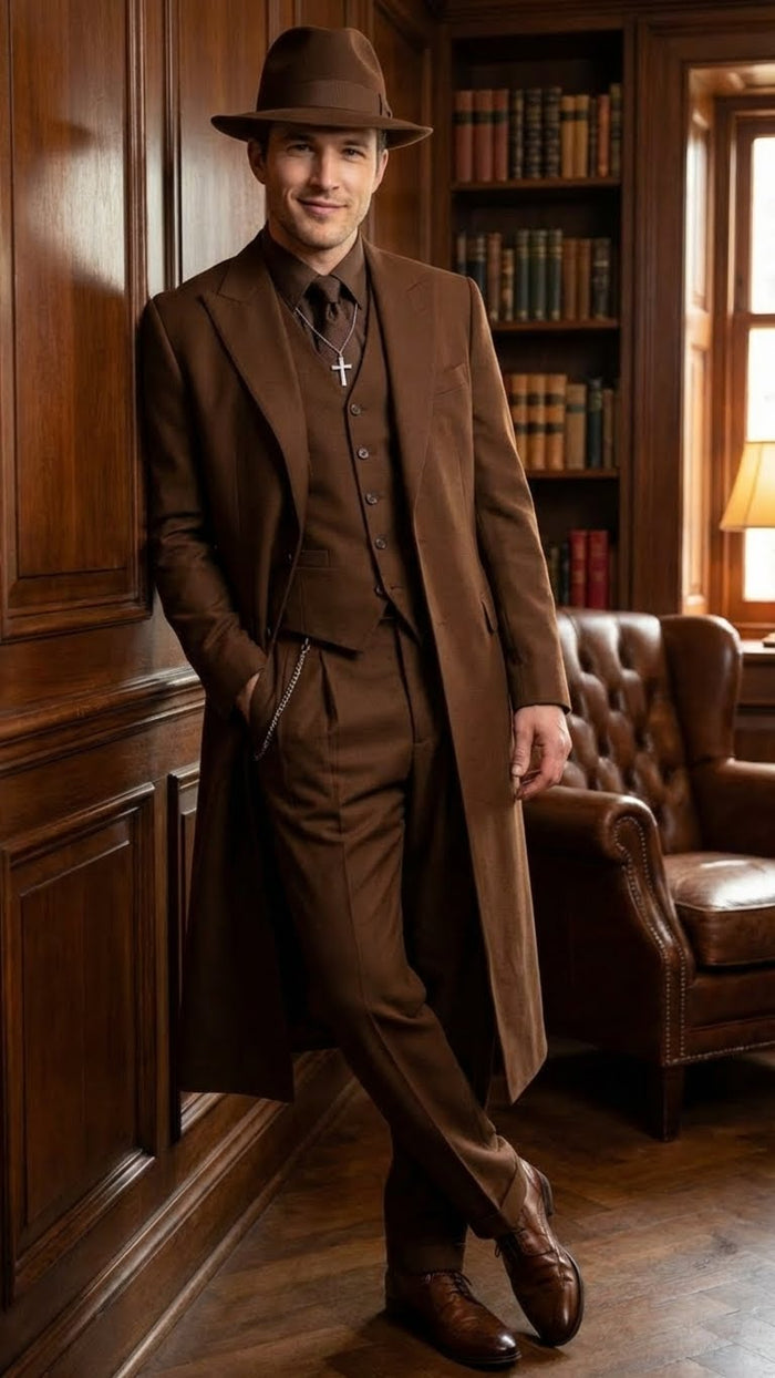 Men’s Brown 1920s Zoot Suit - Long Gangster Mafia Suit Vintage Three-Piece Costume Set Pachuco Style USA Men's Outlet