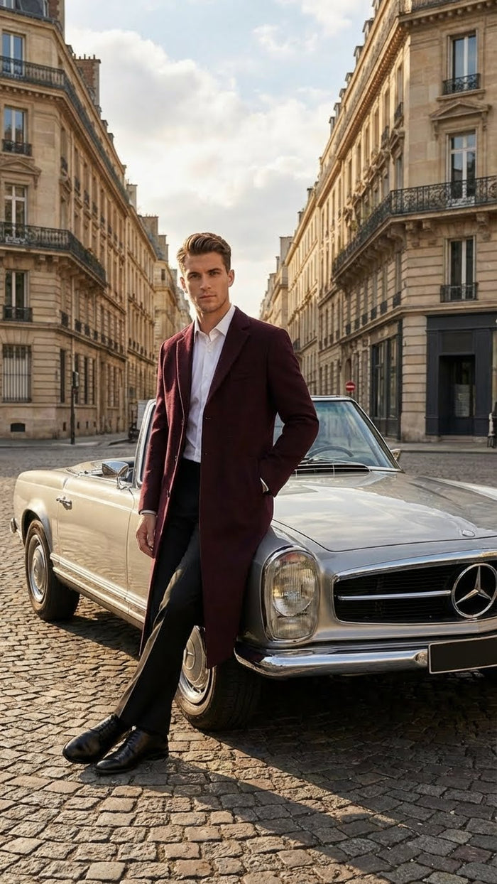 Men’s Burgundy Long Coat - Classic Fit Wool Blend Overcoat - Topcoat Full length USA Men's Outlet