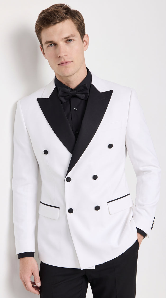 Men's White Double Breasted Tuxedo Dinner Jacket with Black Satin Peak Lapel – Formal Wedding Prom Blazer