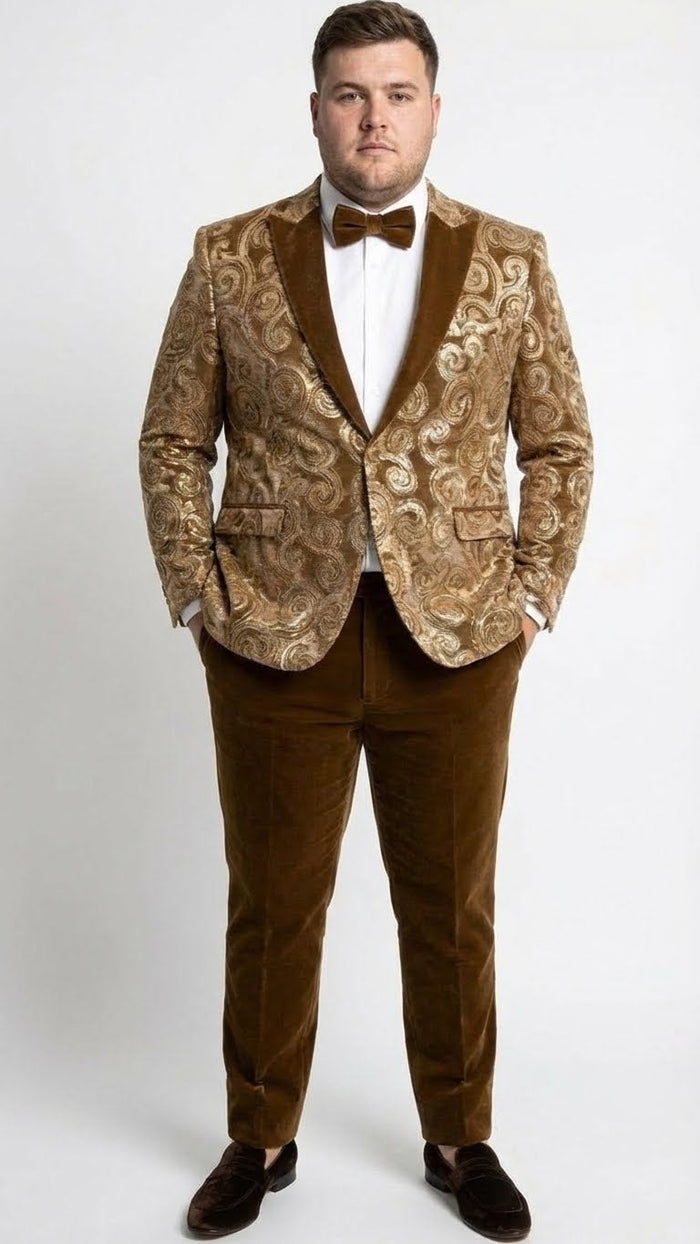 Men’s Goldish Light brown Tuxedo dinner Jacket Embroidered Blazer - Velvet Jacket for Formal Paisley Pattern Coffee Mocca Color by USA Men's Outlet