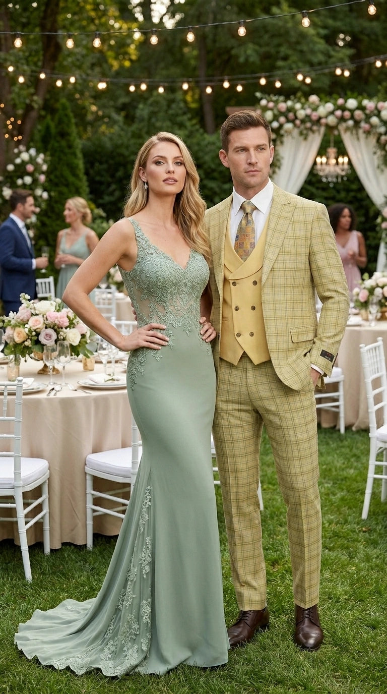 Vitali Men’s Sage Beige Tan Plaid 3 Piece Suit, Check Pattern Formal Dress Suit for Weddings, Prom, Business Events, Modern Fit Light Yellow Color