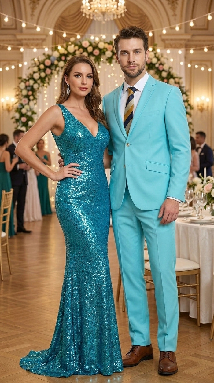 Men’s Aqua Blue 2 Piece 2 Button Suit, Formal Dress Suit for Weddings, Prom, Parties, Summer Events, Turquoise Light blue