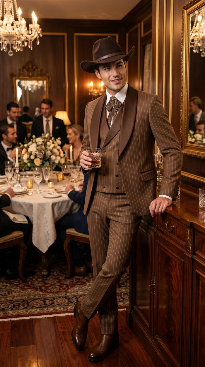 Men’s Brown Pinstripe Western Cowboy Tuxedo, Contrast Shawl Lapel Formal Suit for Weddings, Prom, Parties, and Special Occasions