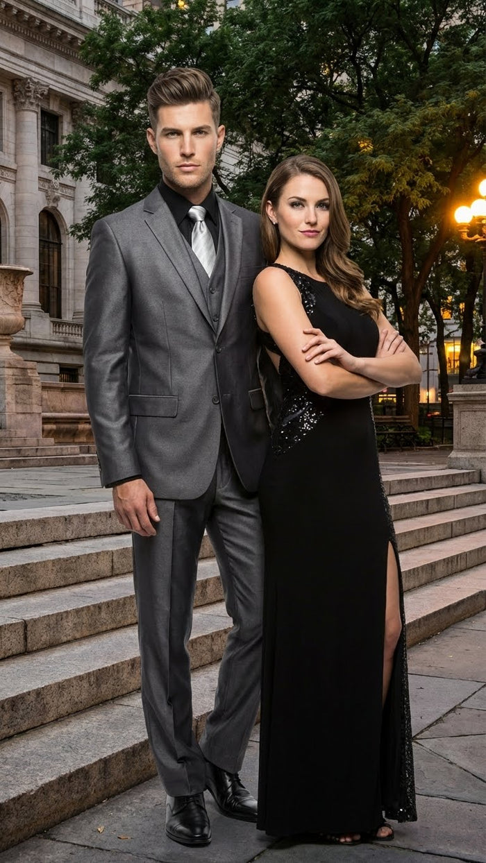 Mens Charcoal Gray Suit With Sheen - - Shiny Texture Fabric Three Piece Wedding and Party Business by USA Men's Outlet