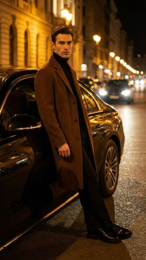 Men’s Brown Long Wool Overcoat - Topcoat Wool Carcoat Three Quarter by USA Men's Outlet