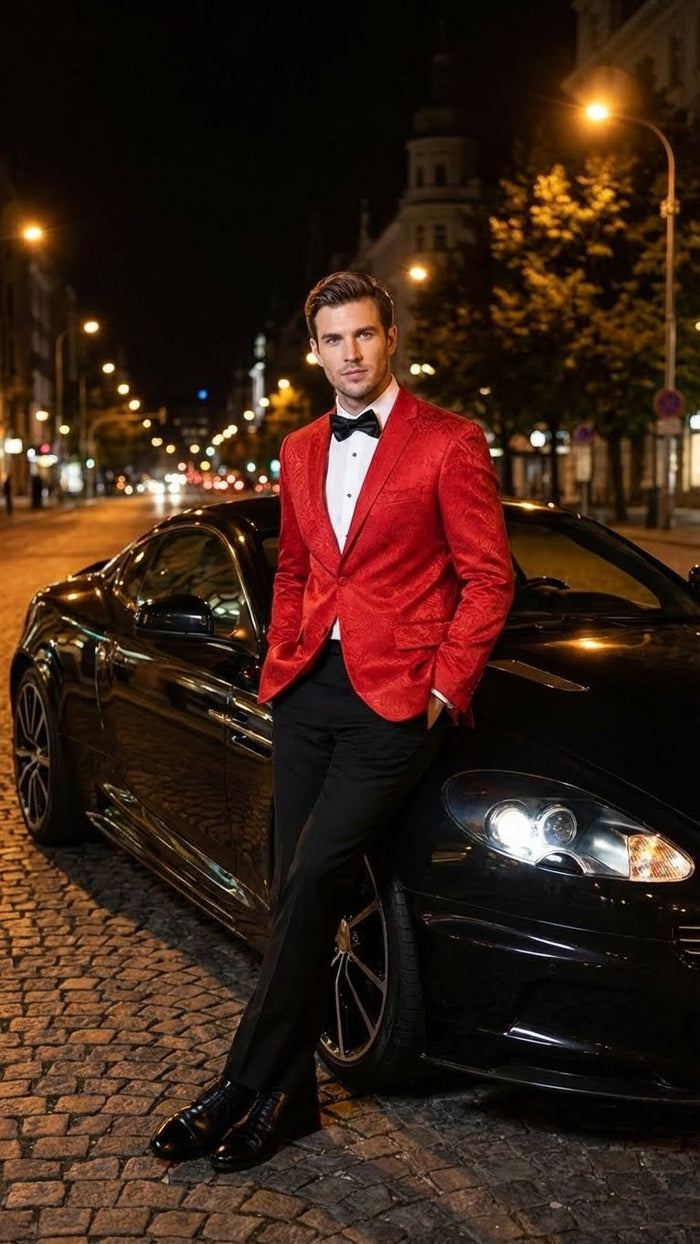 Men’s Red Paisley Velvet Blazer - Christmas new year Sport Coat Jacket - Prom 2026 Collection USA Men's Outlet