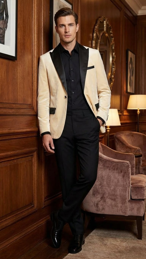 Men’s Ivory Dinner Jacket - Cream Velvet Blazer with Black Satin Lapel | Wedding and Party Formal Sport Coat in off white