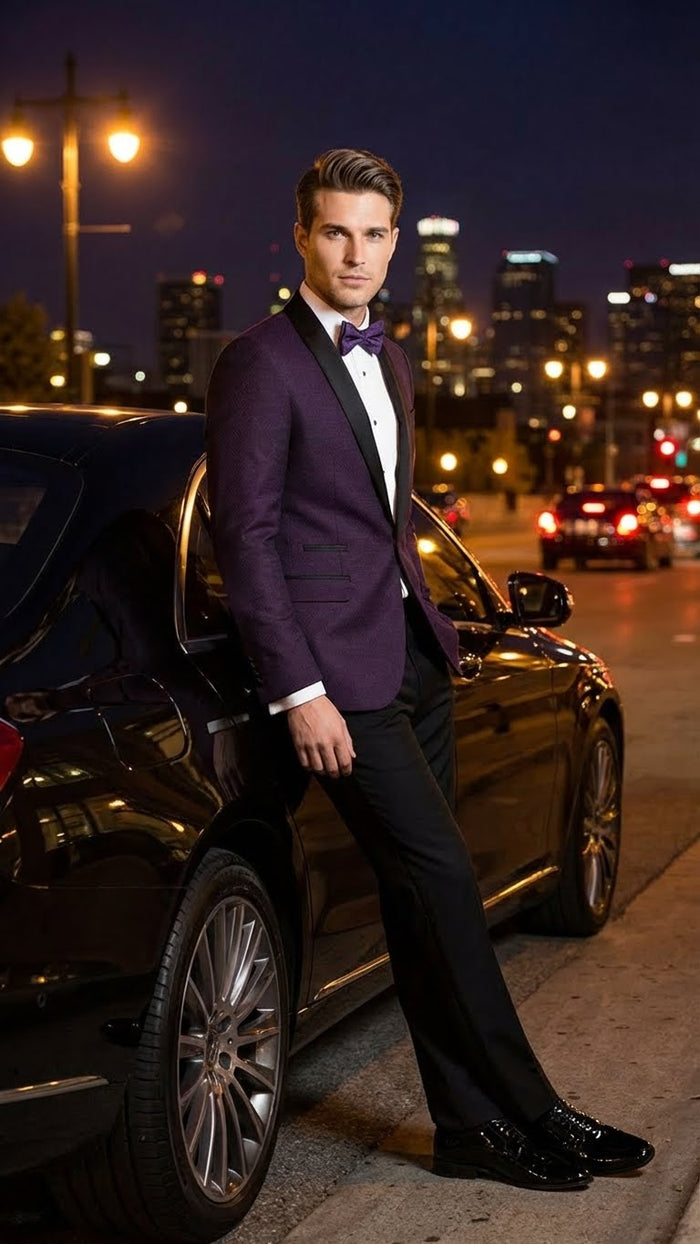 Men’s Eggplant Plum Purple Tuxedo Blazer with Satin Lapel, White Tuxedo Shirt and Matching Purple Bow Tie - Slim Fitted - Prom wedding Suit With Pants USA Men's Outlet