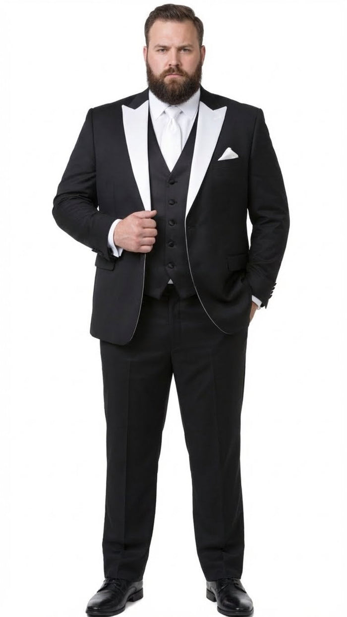 Men’s Black and White Lapel Prom Tuxedo Suit + Black Vest + Black Pants Peak Lapel USA Men's Outlet