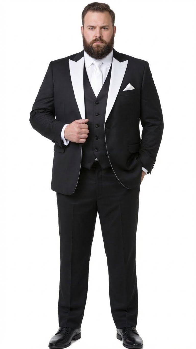 Men’s Black and White Lapel Prom Tuxedo Suit + Black Vest + Black Pants Peak Lapel USA Men's Outlet