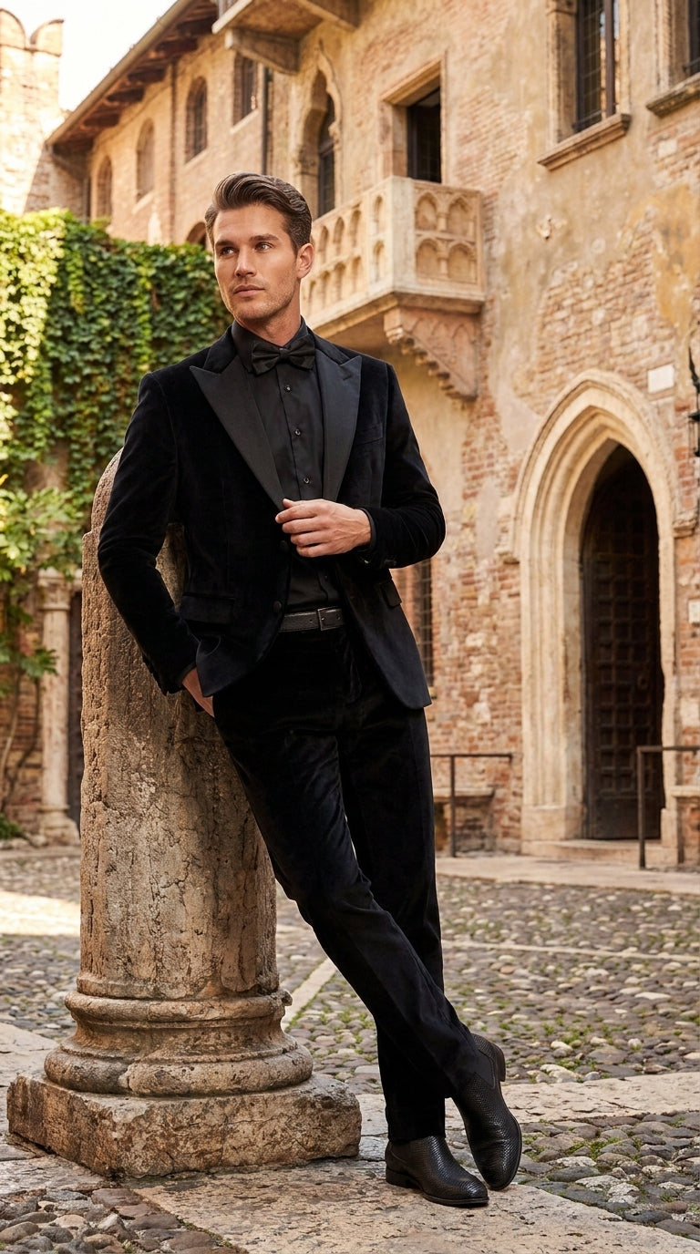 Men’s Black Velvet Tuxedo Suit – Peak Lapel Wedding, Prom and Formal Evening Velvet Pants