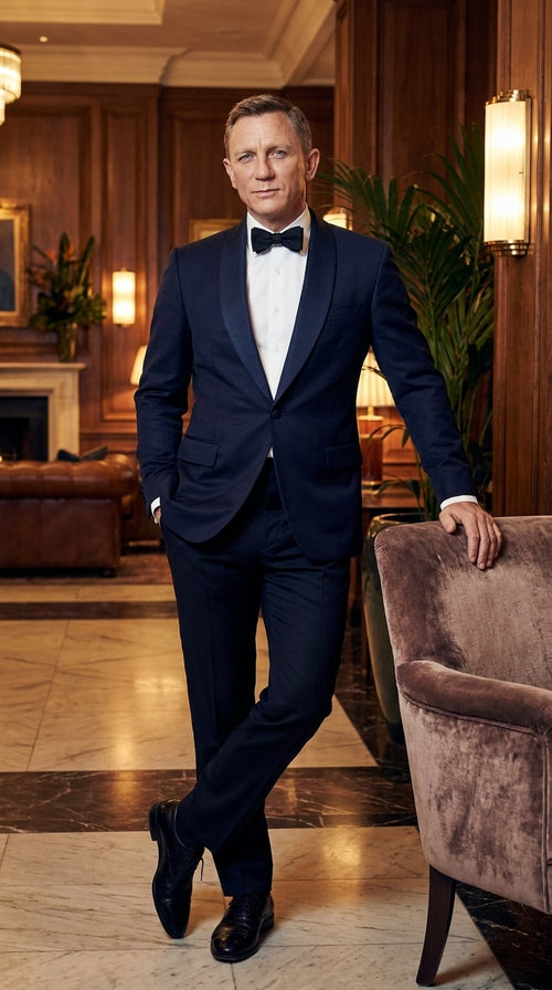 Men’s Navy James Bond Tuxedo Dinner Jacket – Satin Shawl Lapel Wedding, Prom and Black-Tie Blazer