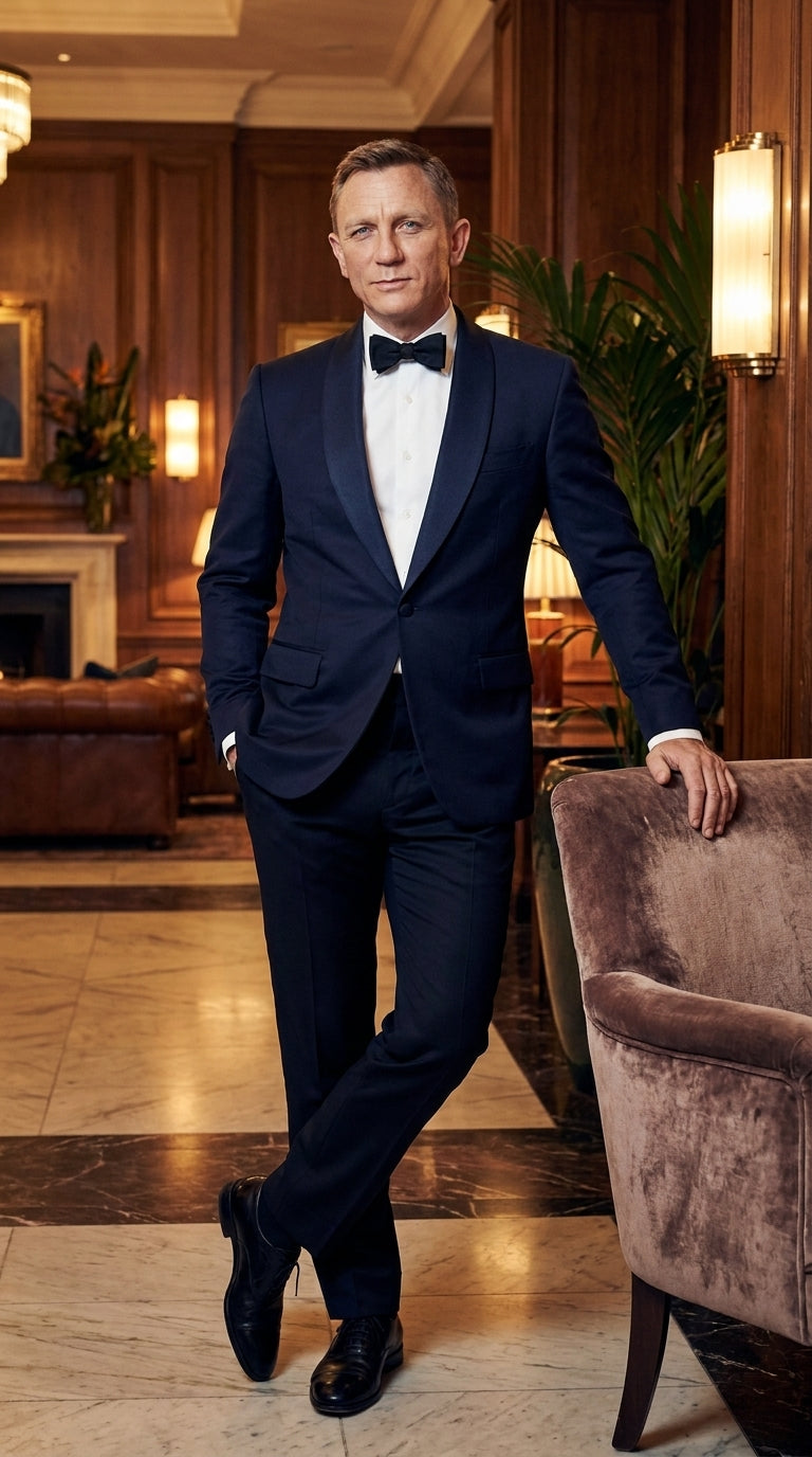Men’s Navy James Bond Tuxedo Dinner Jacket – Satin Shawl Lapel Wedding, Prom and Black-Tie Blazer